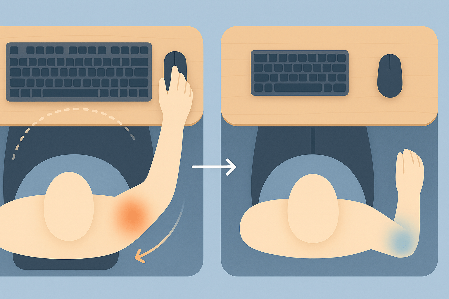Overhead view comparing keyboard setups: left shows a full-size keyboard with numpad forcing the mouse far from the body with shoulder pain indicated by an orange glow, right shows a compact keyboard allowing the mouse to be positioned closer, eliminating shoulder strain