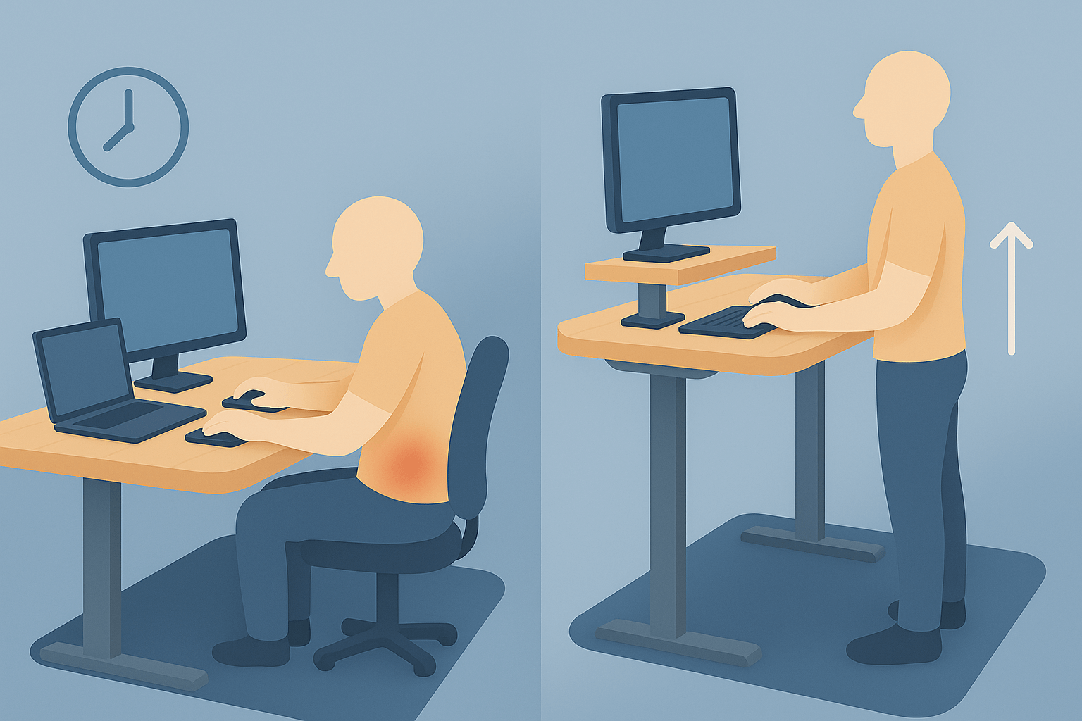 Illustration comparing two workstation setups: a person sitting at a traditional desk with laptop and monitor on the left, and a person standing at an adjustable standing desk on the right, demonstrating sit-stand alternation
