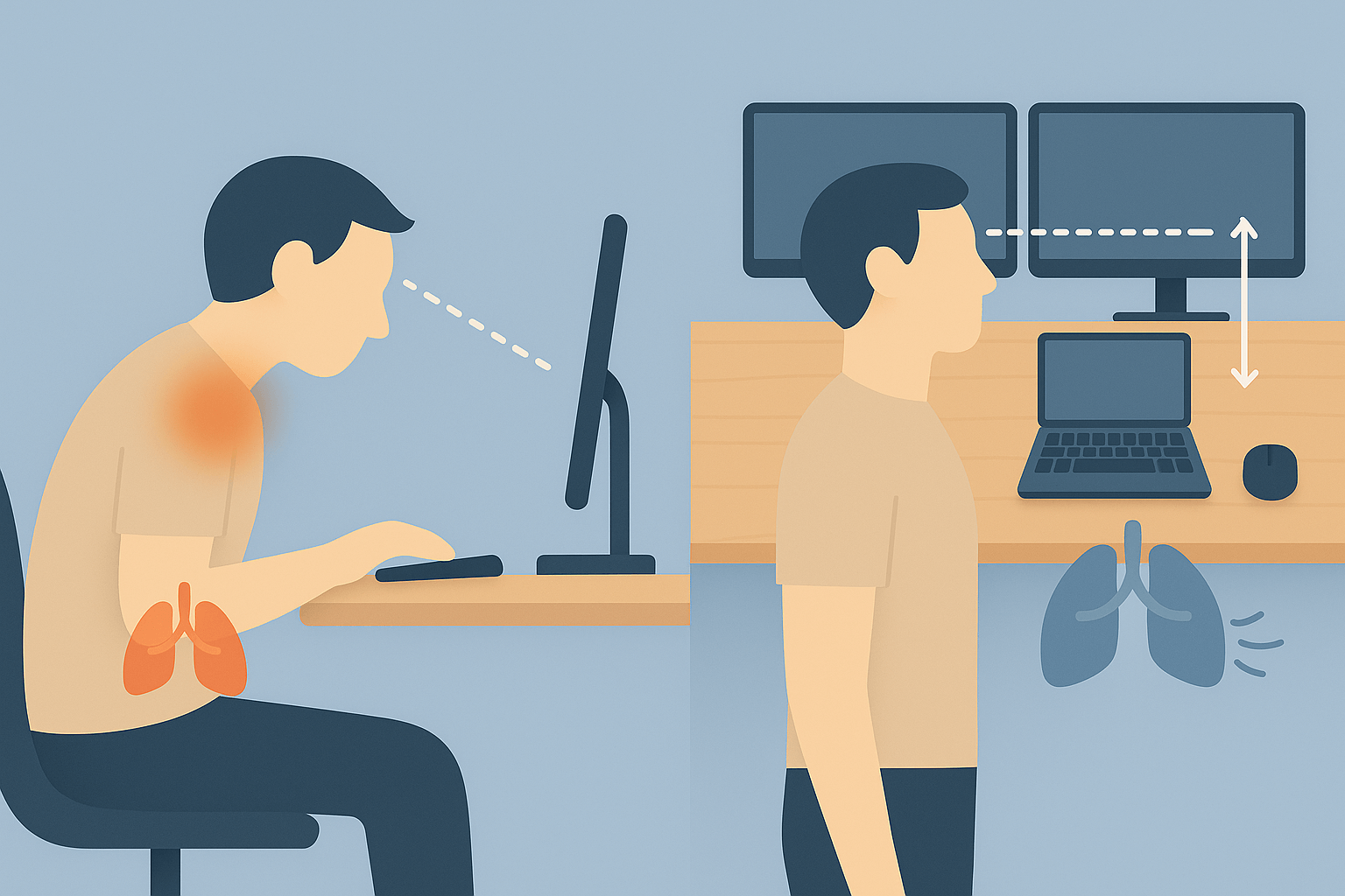 Side-by-side comparison showing poor vs. good monitor positioning: left shows a slouched person looking down at a monitor with compressed lungs highlighted in orange, right shows proper posture with monitor at eye level and healthy lung capacity highlighted in blue