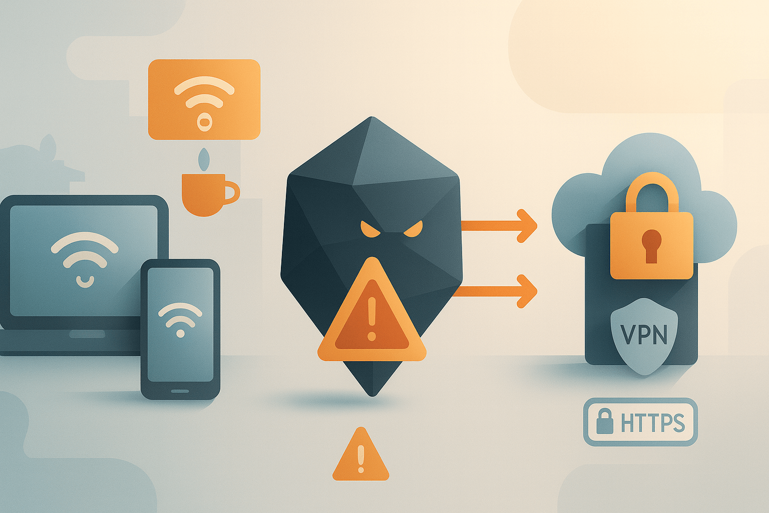 A minimalistic illustration showing a laptop in a coffee shop or airport connecting to a suspicious Wi-Fi network. A red alert icon appears over the Wi-Fi symbol, while a hidden attacker subtly lurks in the background, intercepting data.