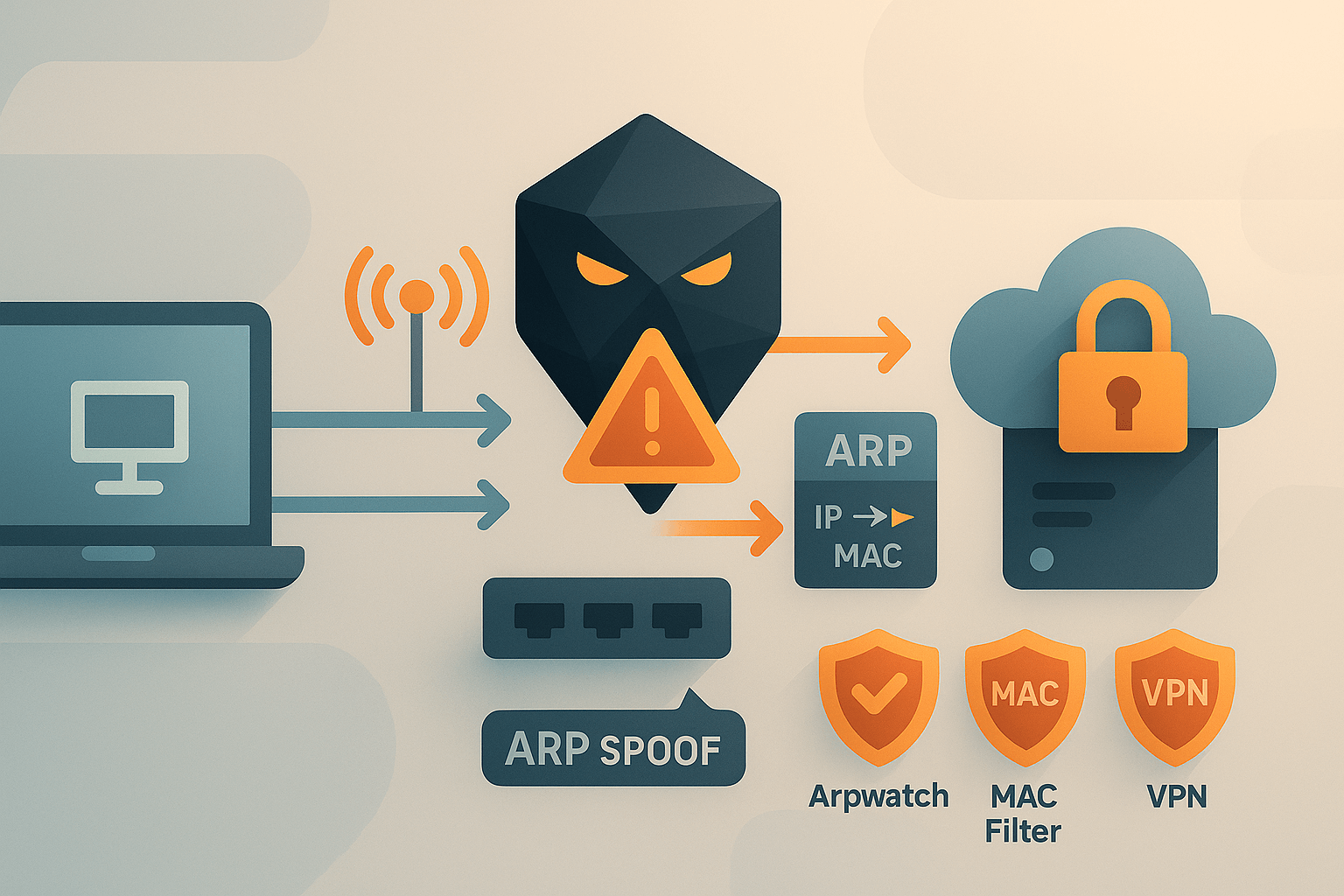 A network diagram illustrating a legitimate connection being intercepted by a third unauthorized device. The attacker is represented as a dark abstract figure or an ominous eye, symbolizing unauthorized traffic redirection.