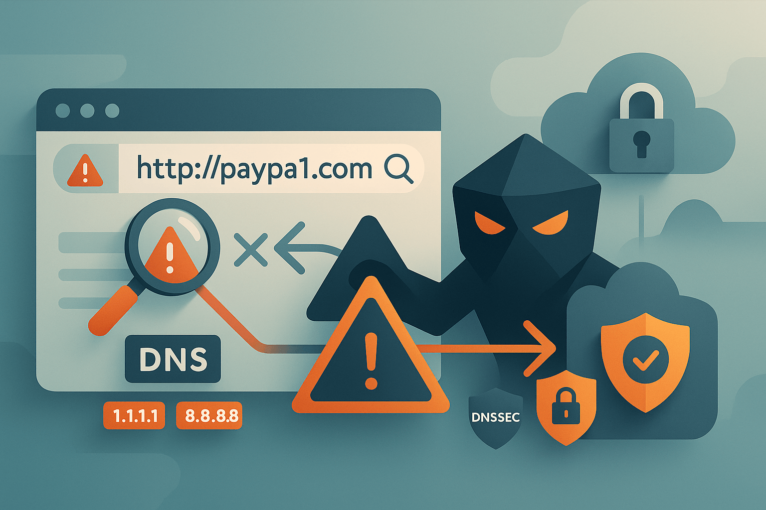 A web browser displaying a fake website with a red alert triangle over the URL bar. In the background, an abstract attacker figure manipulates the connection, symbolizing a DNS spoofing attack.