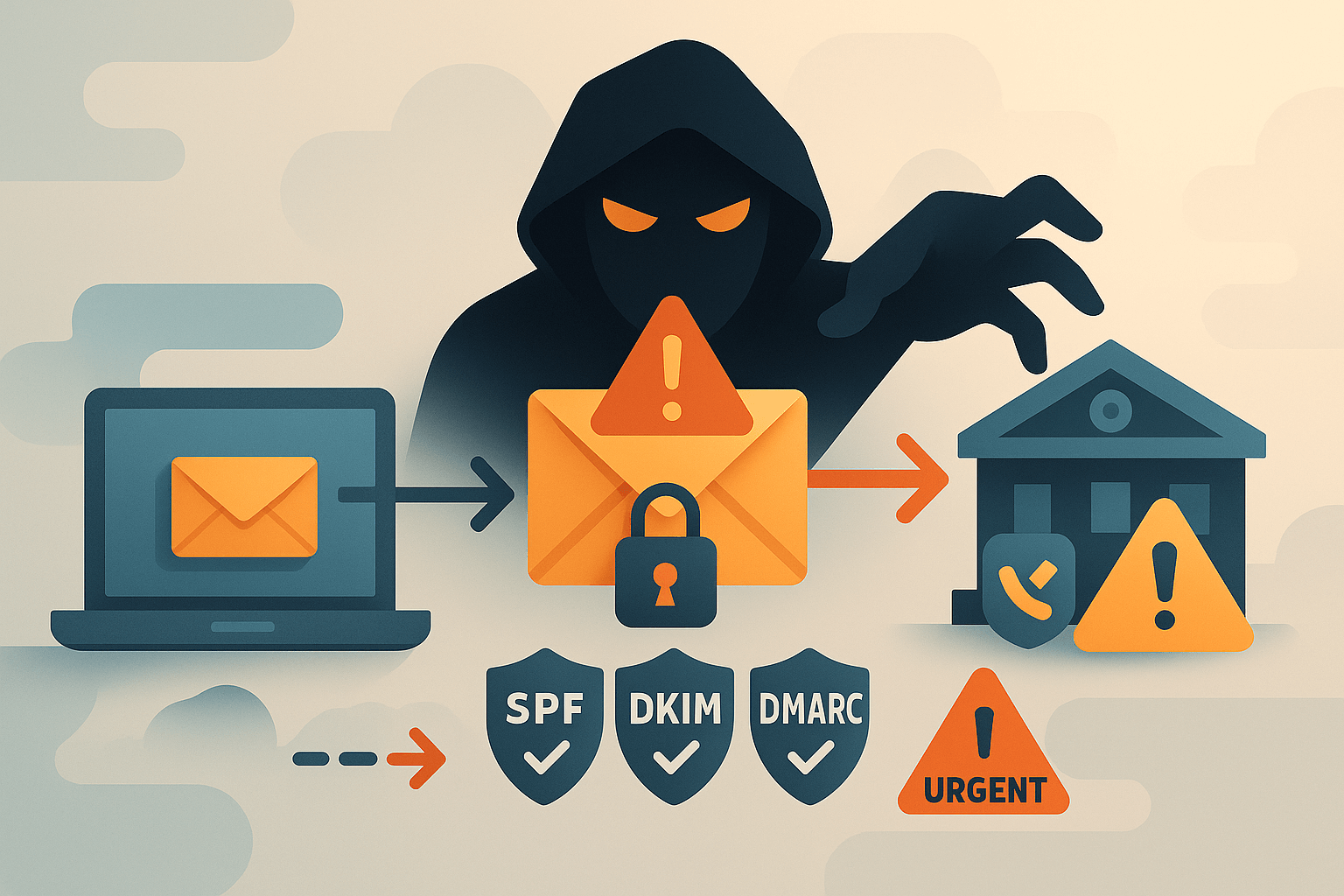 A stylized email icon with an ominous shadow figure or masked attacker intercepting messages. A red alert symbol highlights the unauthorized access, representing an email hijacking attack.